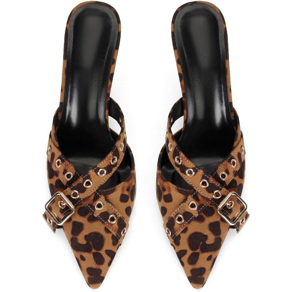 Women's Leopard Print Pointed Closed Toe Dressy Bow Heel Vintage Heeled Mules - Picture 6 of 7